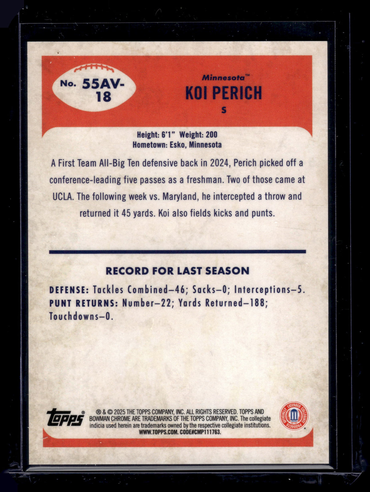 HL-P01 2025 Topps Bowman Chrome University 1955 Koi Perich #55AV-18 Orange /25