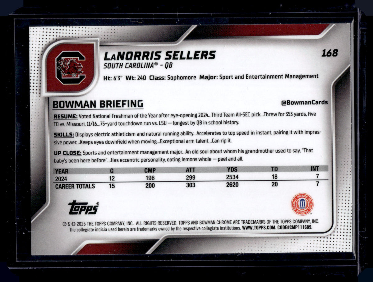 HL-P01 2025 Bowman Chrome LaNorris Sellers #168 Aqua Refractor /325 1st Bowman