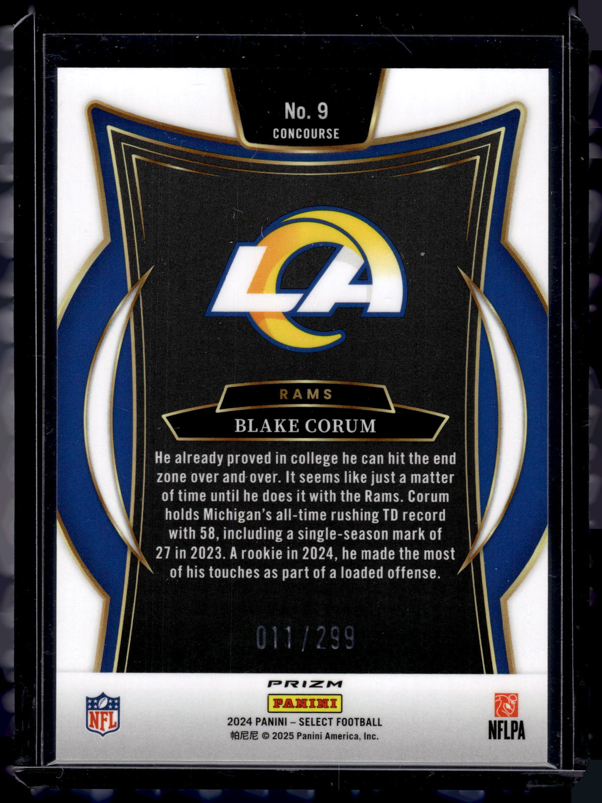 HL-P02 2024 Panini Select Prizm Concourse Blake Corum #9 Tri Color Prizm /299 RC
