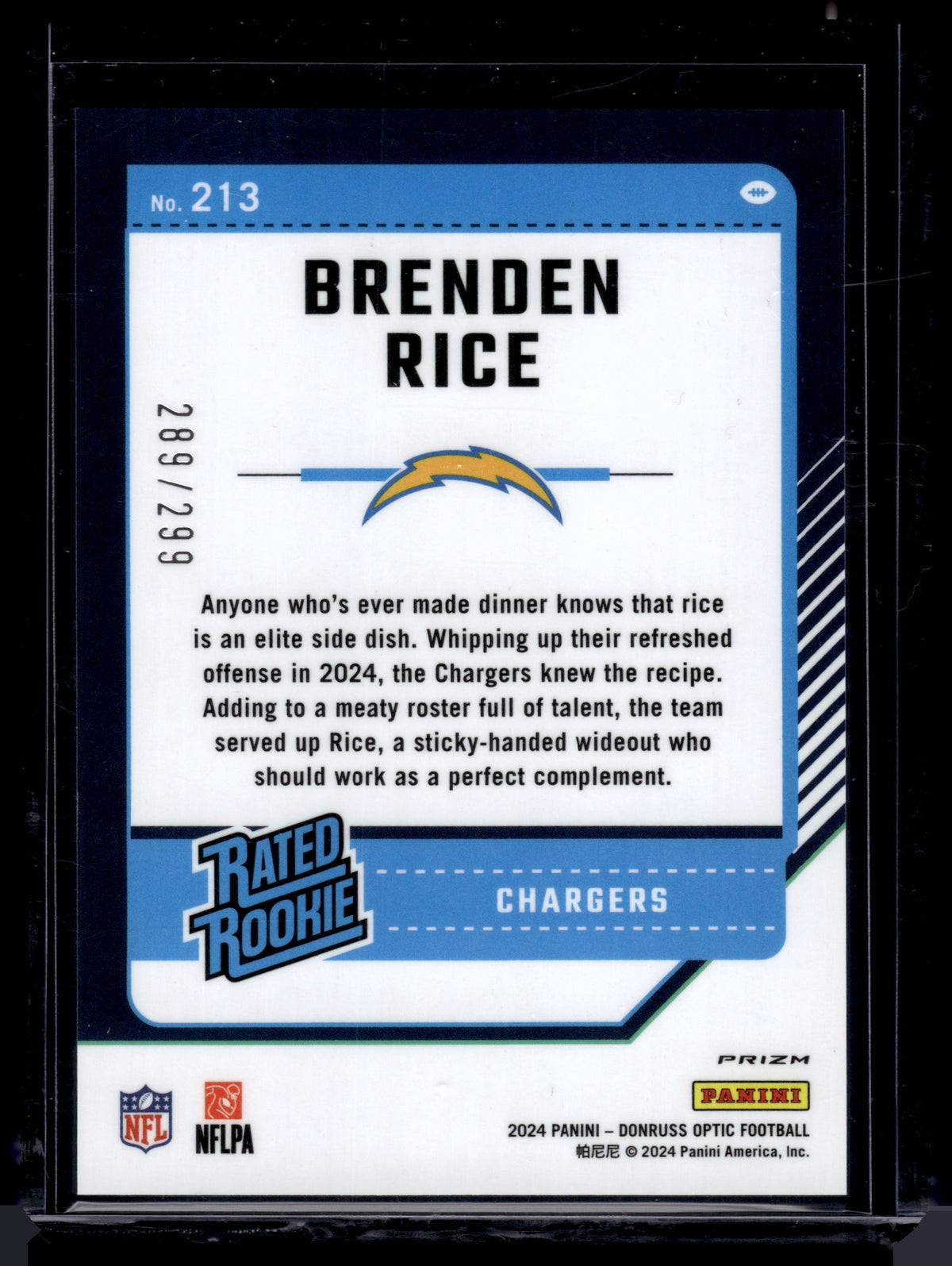 HL-P02 2024 Donruss Optic Brenden Rice Light Blue Prizm /299 Rated Rookie
