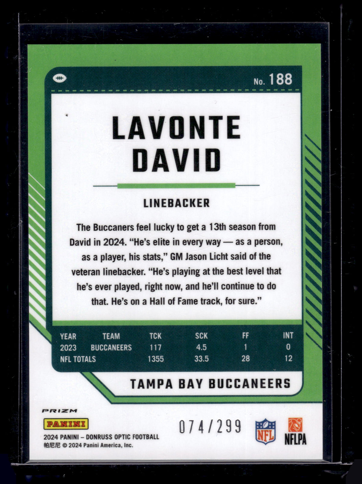 HL-P02 2024 Panini Donruss Optic Prizm Lavonte David #188 Light Blue Prizm /299