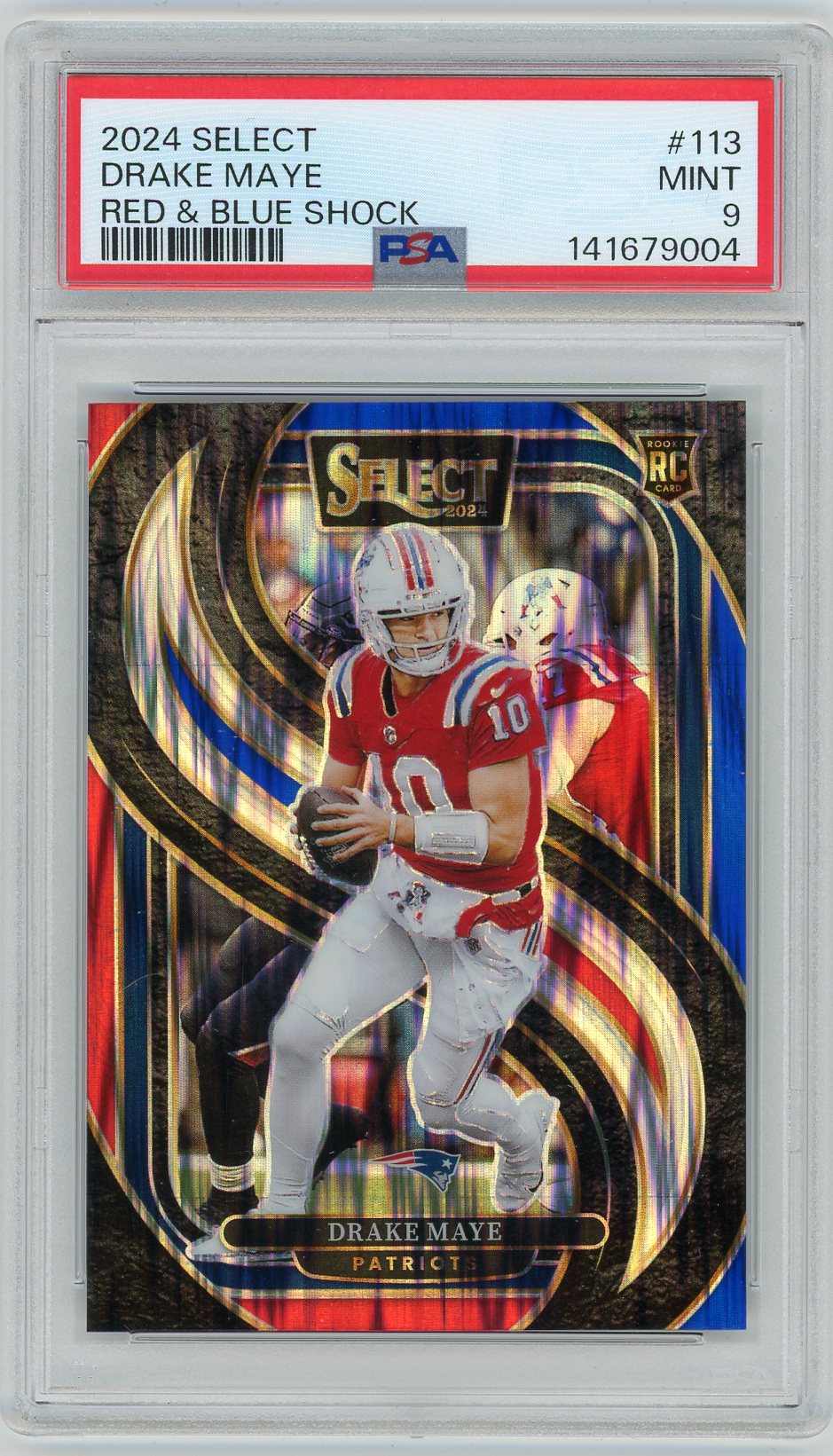 HL-INV 2025 Panini Select Prizm Drake Maye #113 Red & Blue Shock RC PSA 9