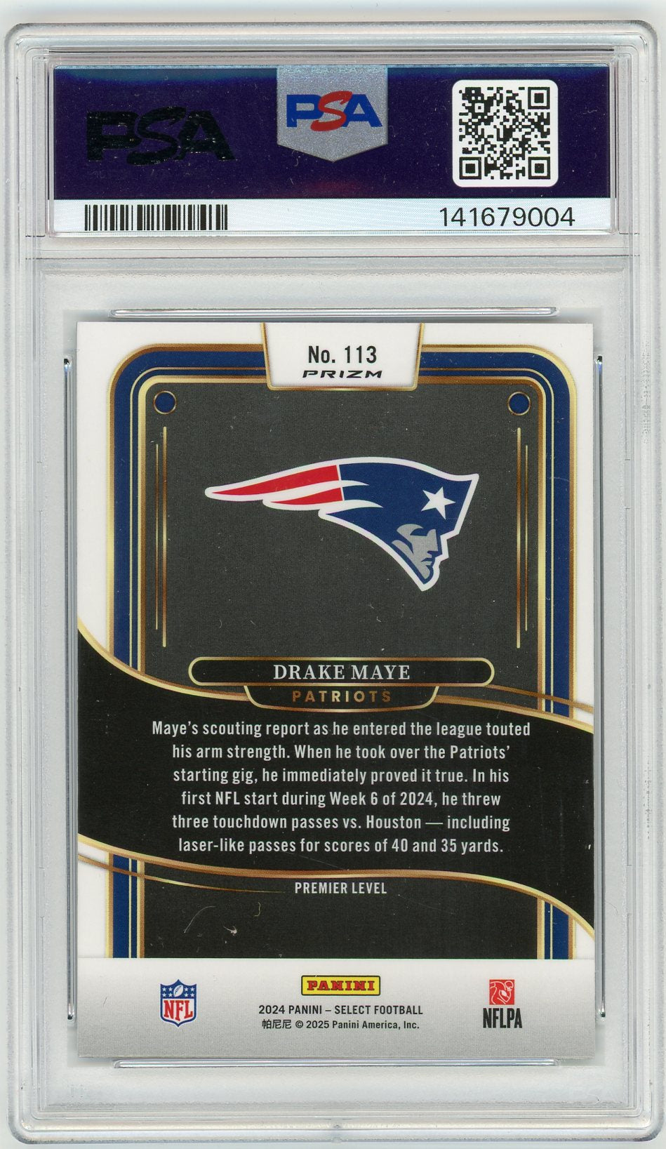 HL-INV 2025 Panini Select Prizm Drake Maye #113 Red & Blue Shock RC PSA 9