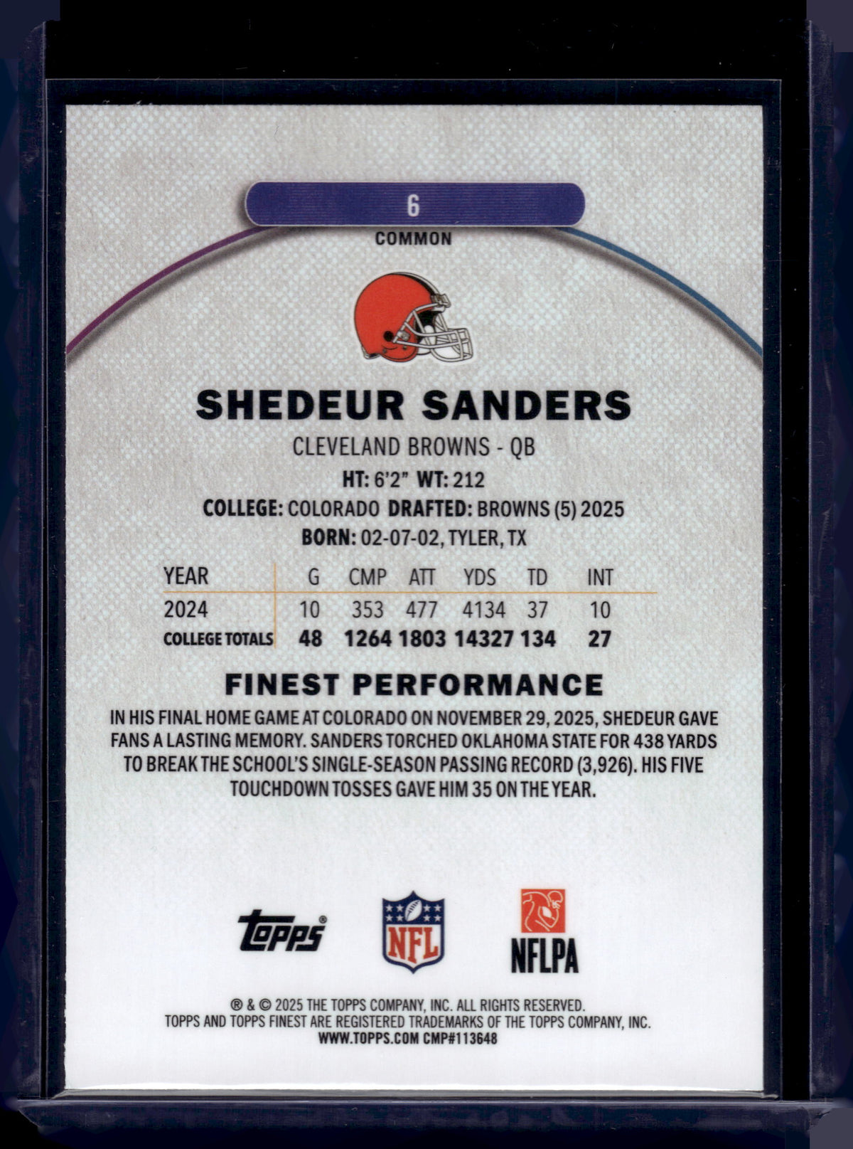 HL-INV 2025 Topps Finest Shedeur Sanders #6 RC
