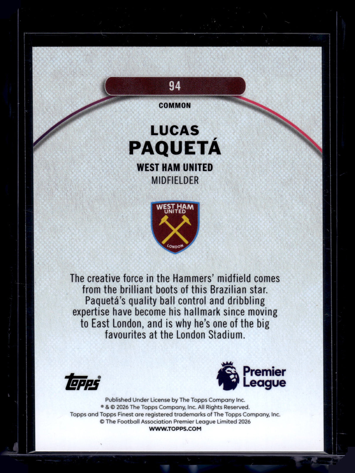 HL-INV 2026 Topps Finest Lucas Paquetá #94 Blue Refractor /200