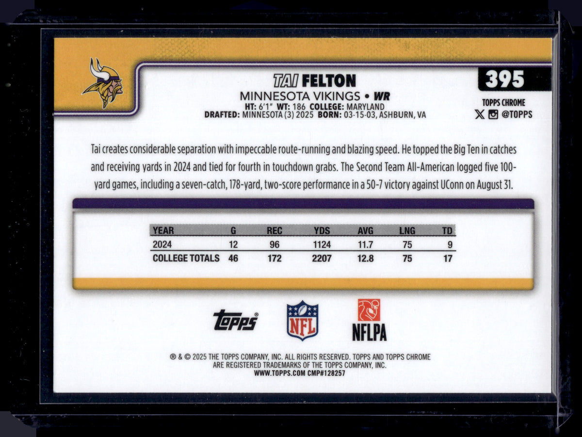 HL-INV 2025 Topps Chrome Tai Felton #395 Prism Refractor RC