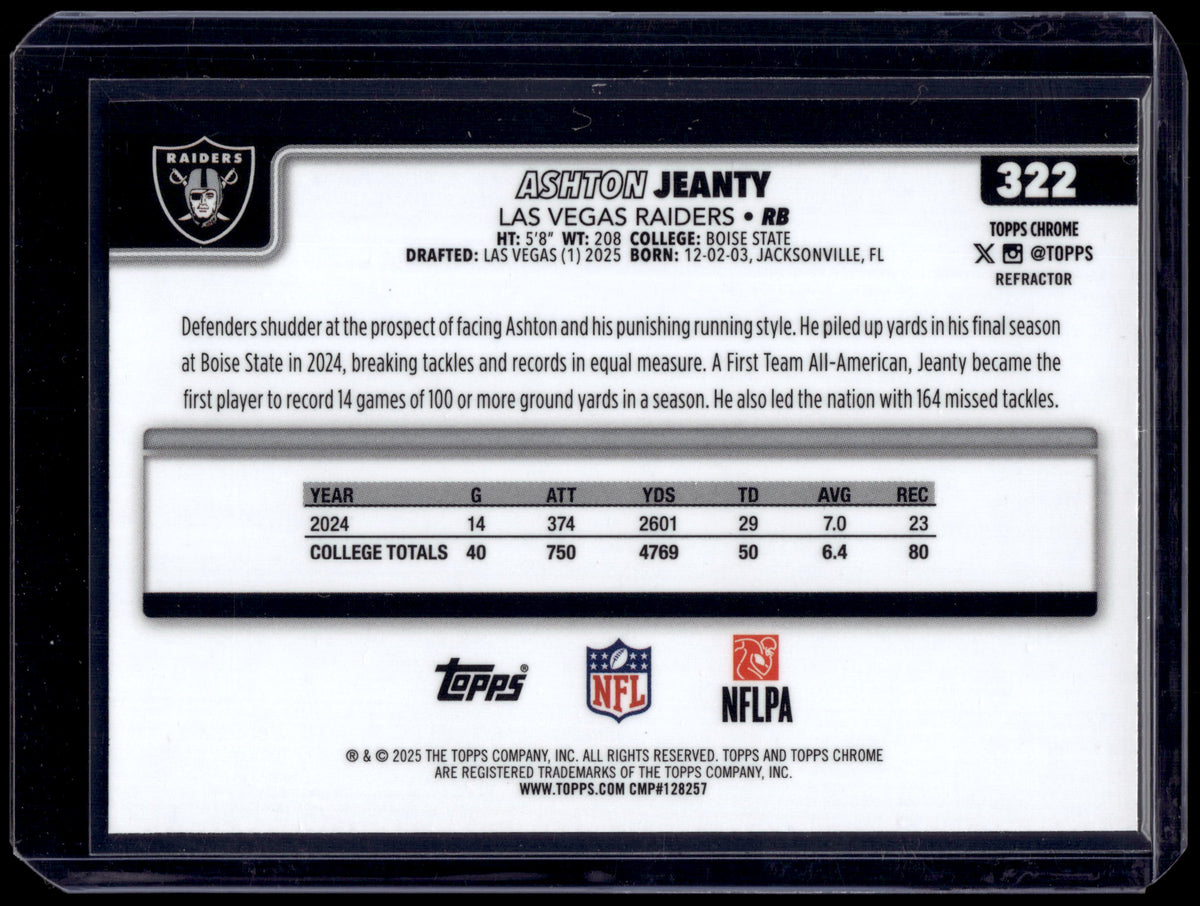 HL-INV 2025 Topps Chrome Ashton Jeanty #322 Refractor RC