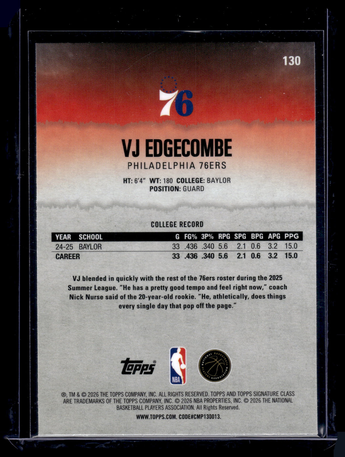 HL-INV 2025-26 Topps Signature Class VJ Edgecombe #130 RC
