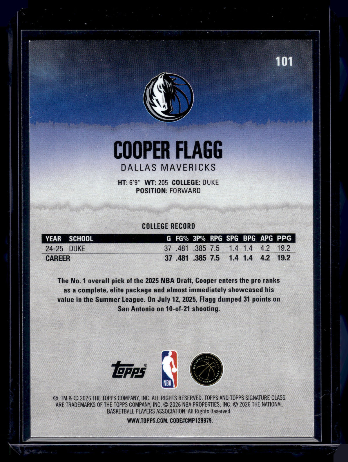 HL-INV 2025-26 Topps Signature Class Cooper Flagg #101 Teal /225 RC