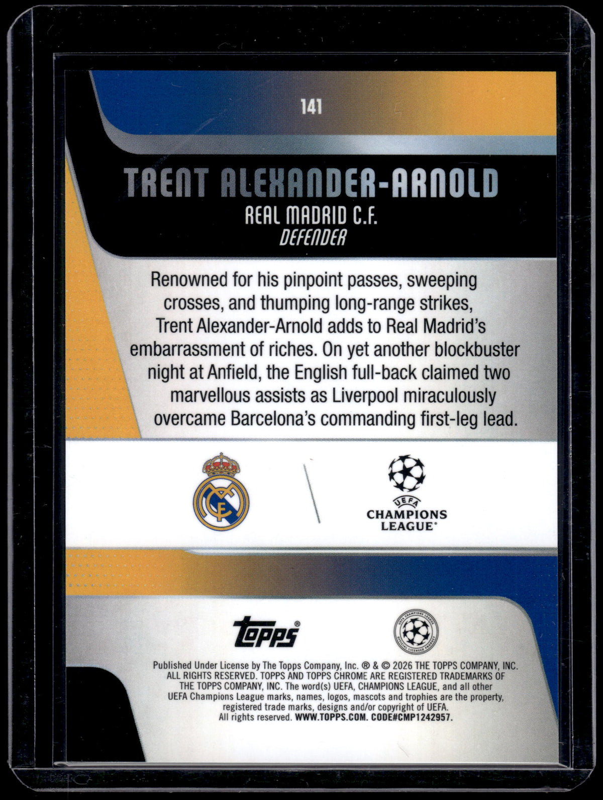 HL-INV 2026 Topps Chrome UEFA Trent Alexander-Arnold #141 Blue Lava /150