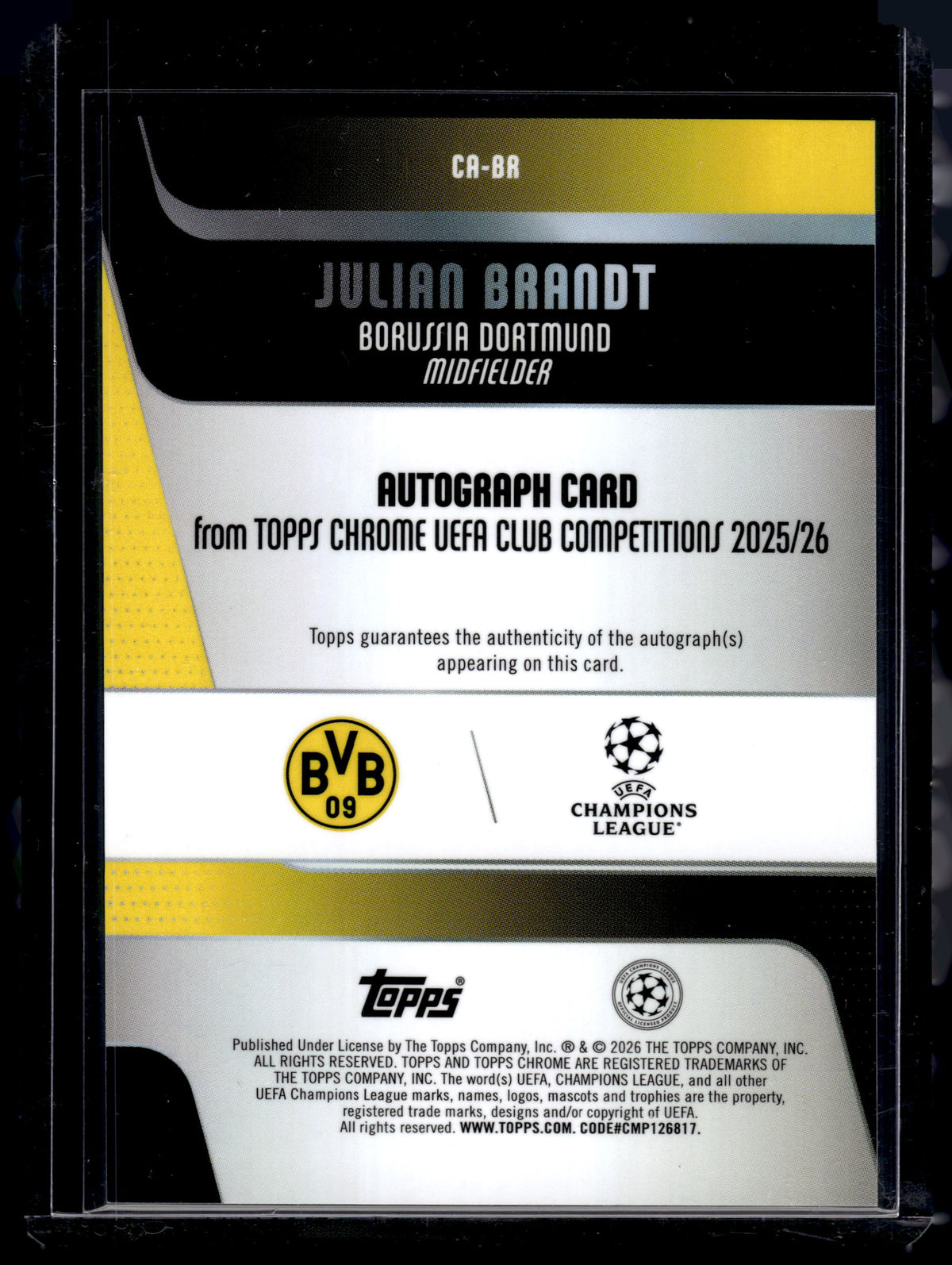 HL-INV 2026 Topps Chrome UEFA Julian Brandt #CA-BR Aqua Lava /199 Auto