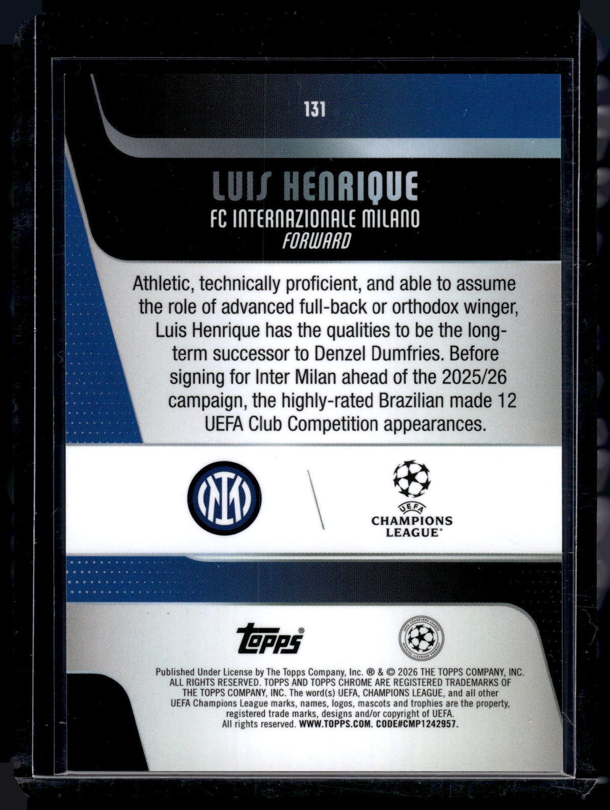 HL-INV 2026 Topps Chrome UEFA Champions League Luis Henrique #131 Aqua /299
