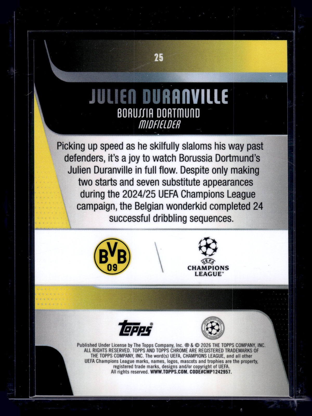 HL-INV 2026 Topps Chrome UEFA Champions League Julien Duranville #25 Teal /299