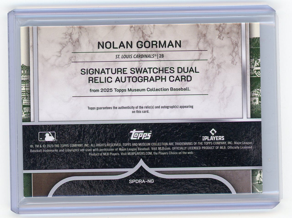 HL-P01 2025 Topps Museum Collection Dual Relic Nolan Gorman #SPDRA-NG /99 Auto