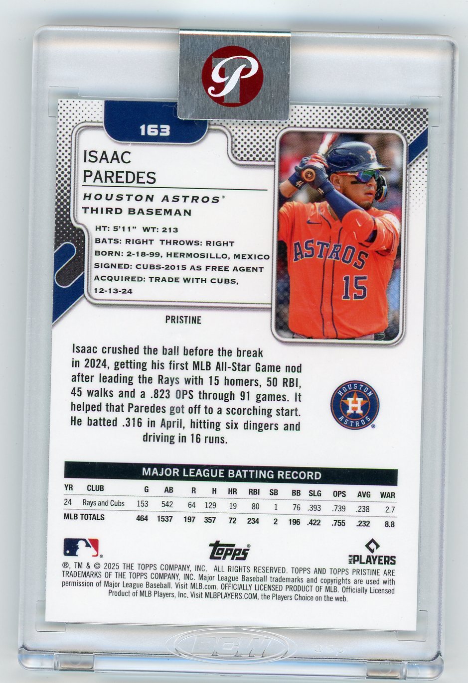 HL-P01 2025 Topps Pristine Isaac Paredes #163 Aqua Refractor /199