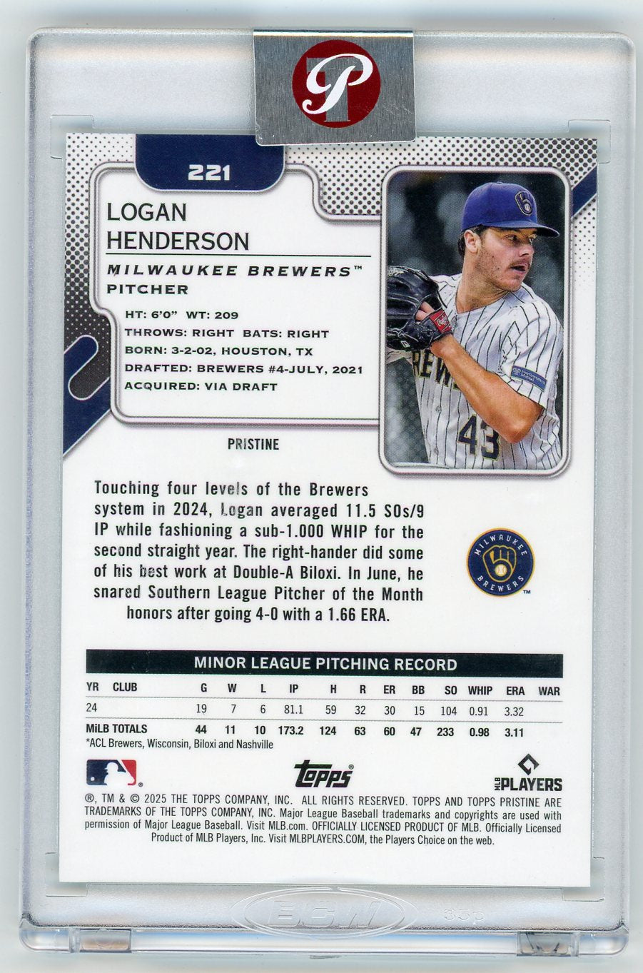 HL-P01 2025 Topps Pristine Logan Henderson #221 Aqua Refractor /199 RC