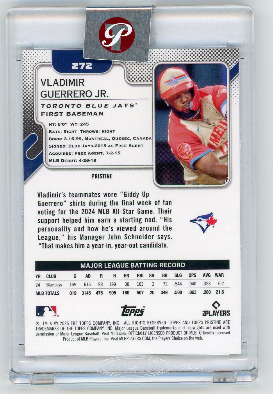 HL-P01 2025 Topps Pristine Vladimir Guerrero Jr. #272 Blue Refractor /75