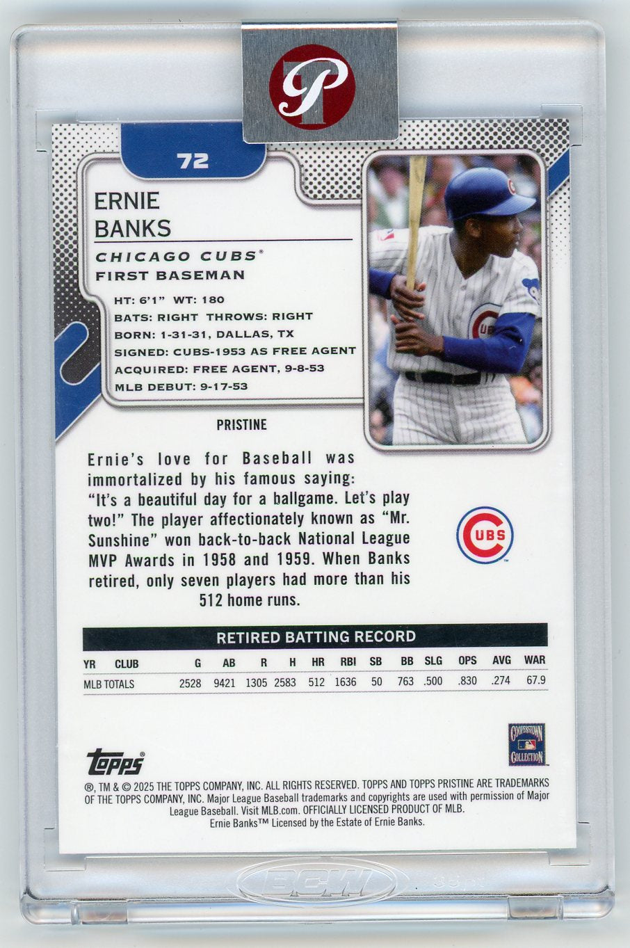 HL-P01 2025 Topps Pristine Ernie Banks #72 Blue Refractor /75