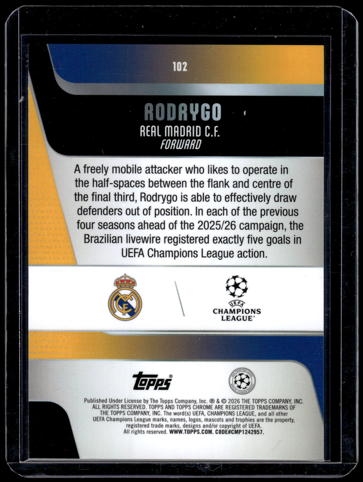 HL-P01 2026 Topps Chrome UEFA Champions League Rodrygo #102 Green Refractor /99