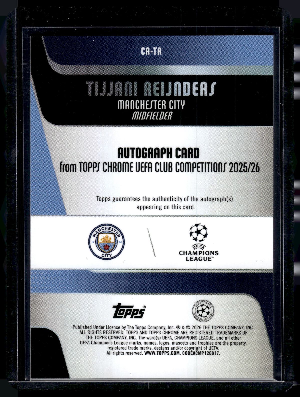 HL-P01 2026 Topps Chrome UEFA Tijjani Reijnders #CA-TR Purple Geometric /75 Auto
