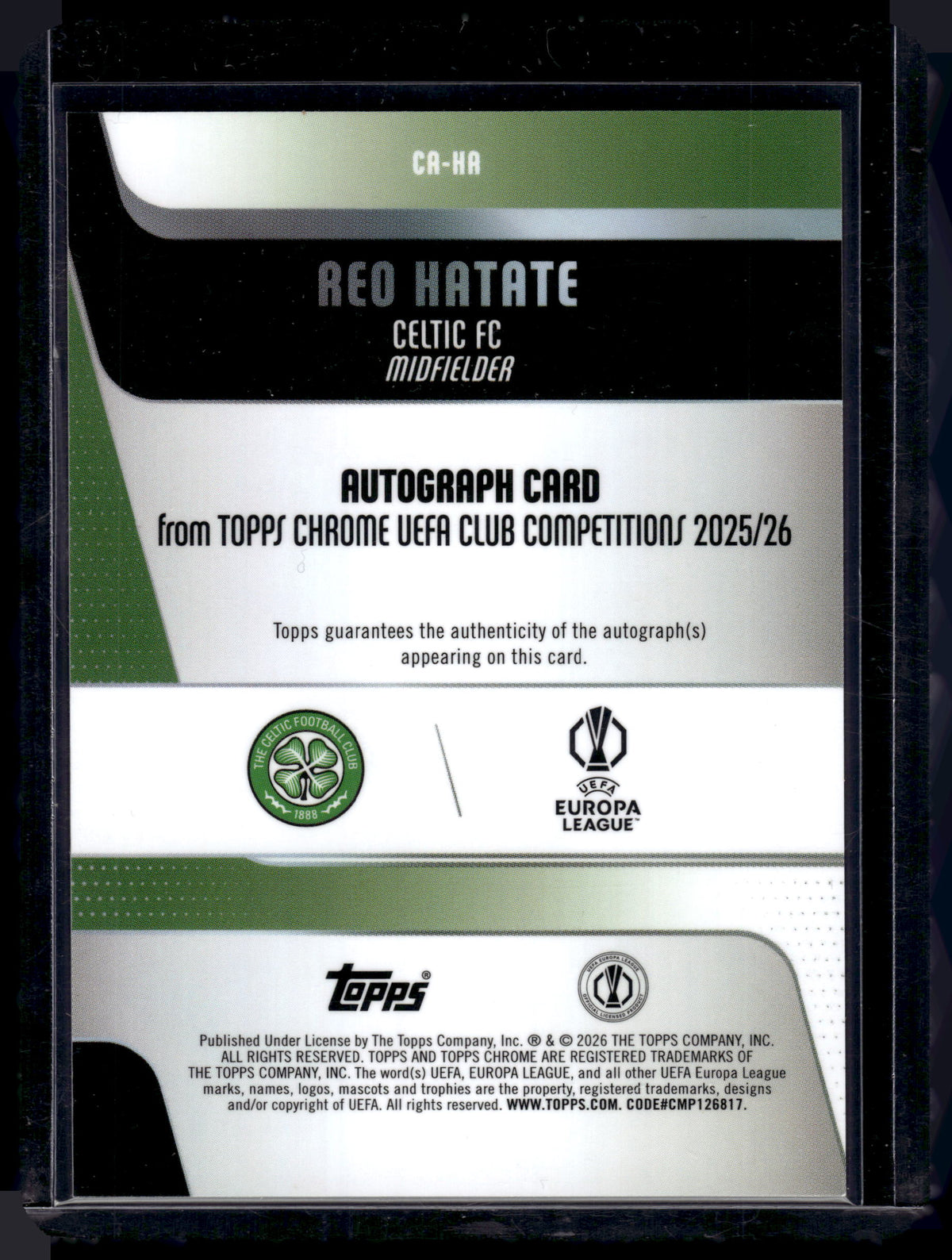 HL-P01 2026 Topps Chrome UEFA Club Competitions Reo Hatate #CA-HA Pink /250 Auto