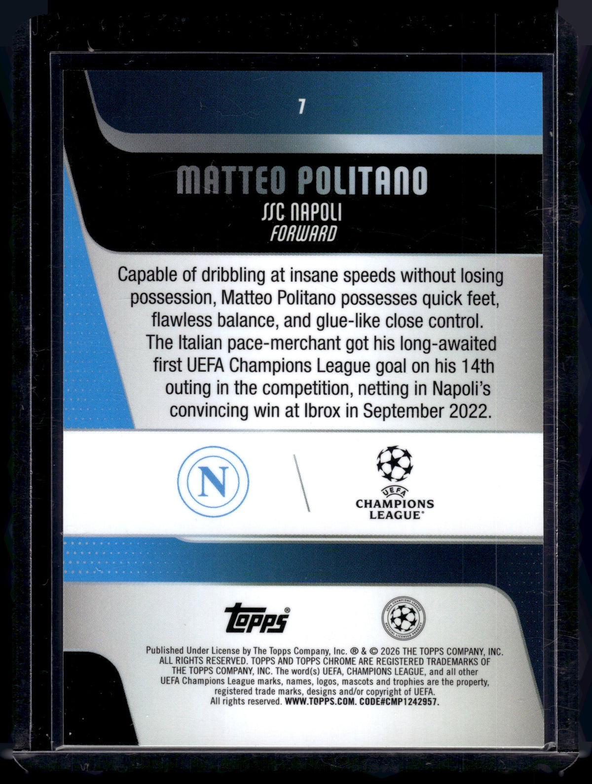 HL-P01 2026 Topps Chrome UEFA Champions Matteo Politano #7 Green Geometric /99