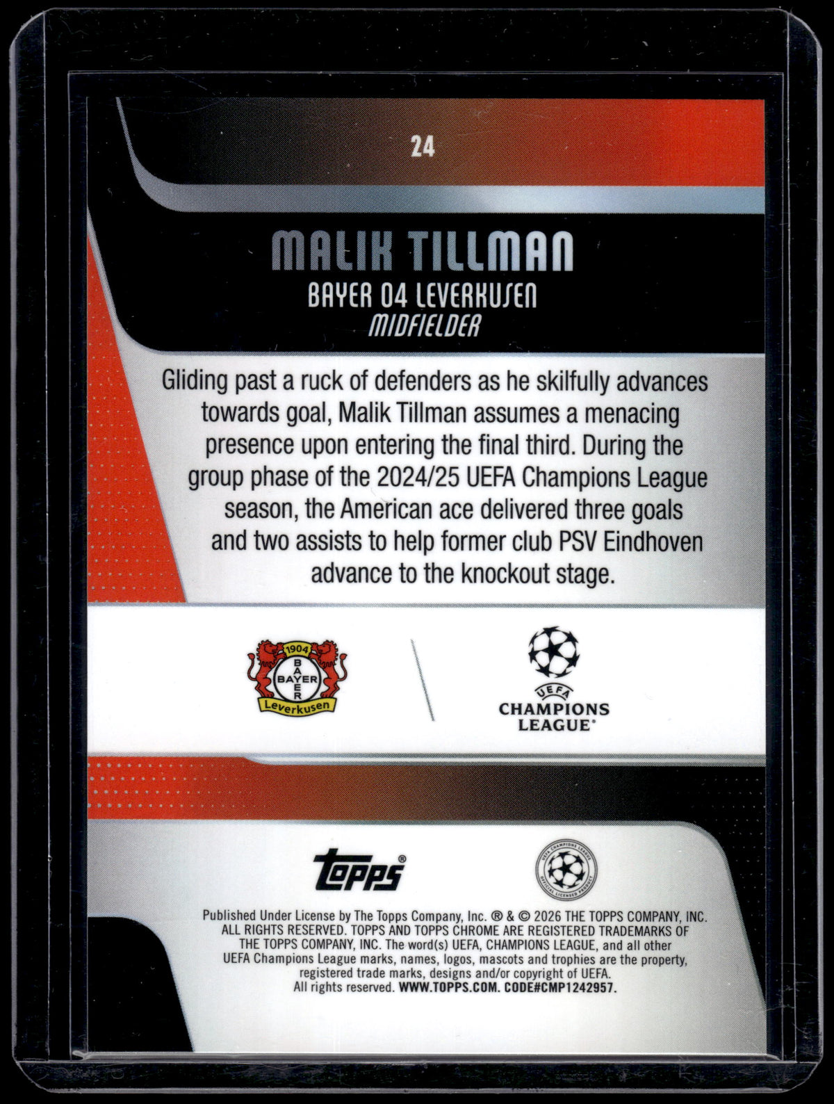 HL-P01 2025-26 Topps Chrome UEFA CL Malik Tillman #24 Green Geometric /99