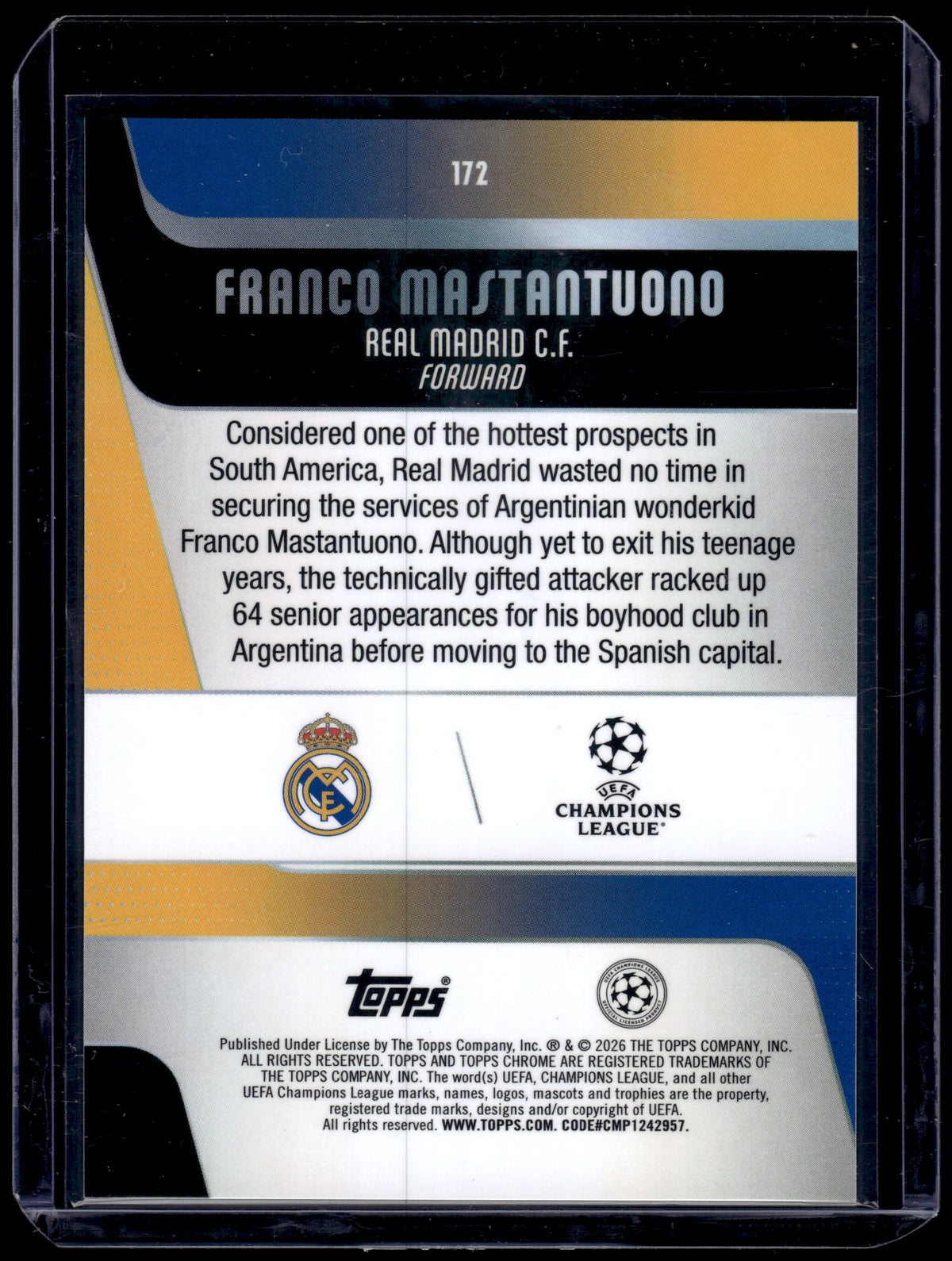 HL-P01 2026 Topps Chrome UEFA Champions League Franco Mastantuono #172 Prism RC