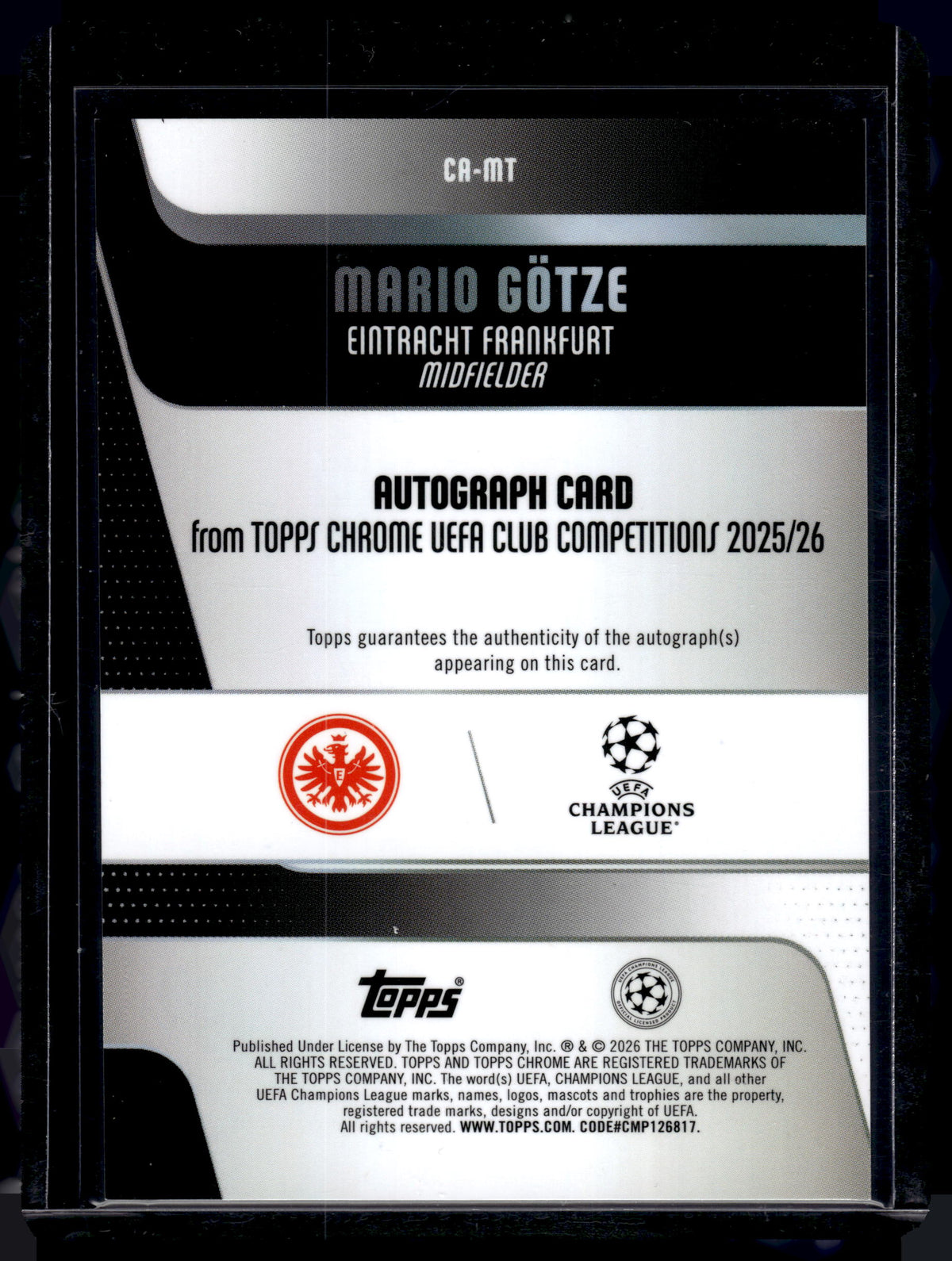 HL-P01 2026 Topps Chrome UEFA CC Mario Götze #CA-MT Aqua Lava /199 Auto