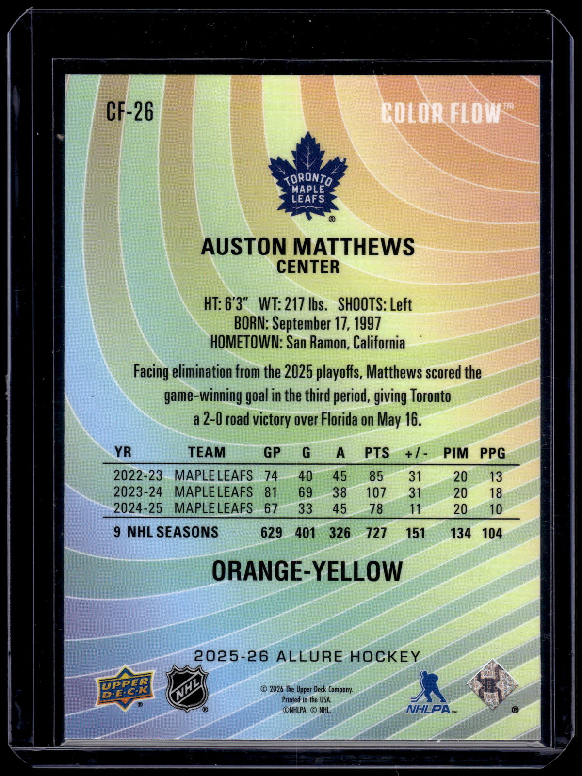 HL-P01 2026 Upper Deck Allure Color Flow Auston Matthews #CF-26 Orange-Yellow