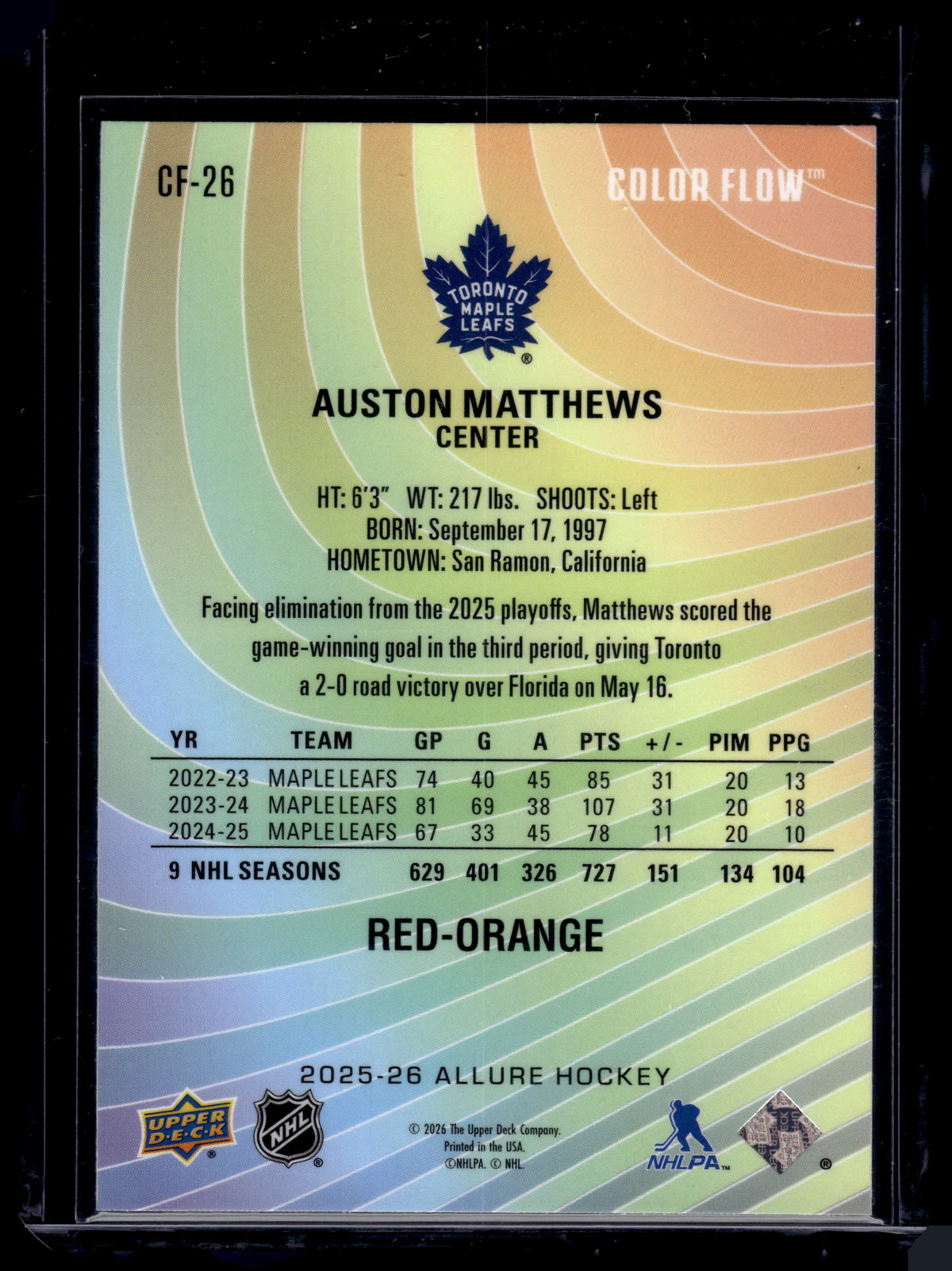 HL-P01 2026 Upper Deck Allure Color Flow Auston Matthews #CF-26 Red-Orange