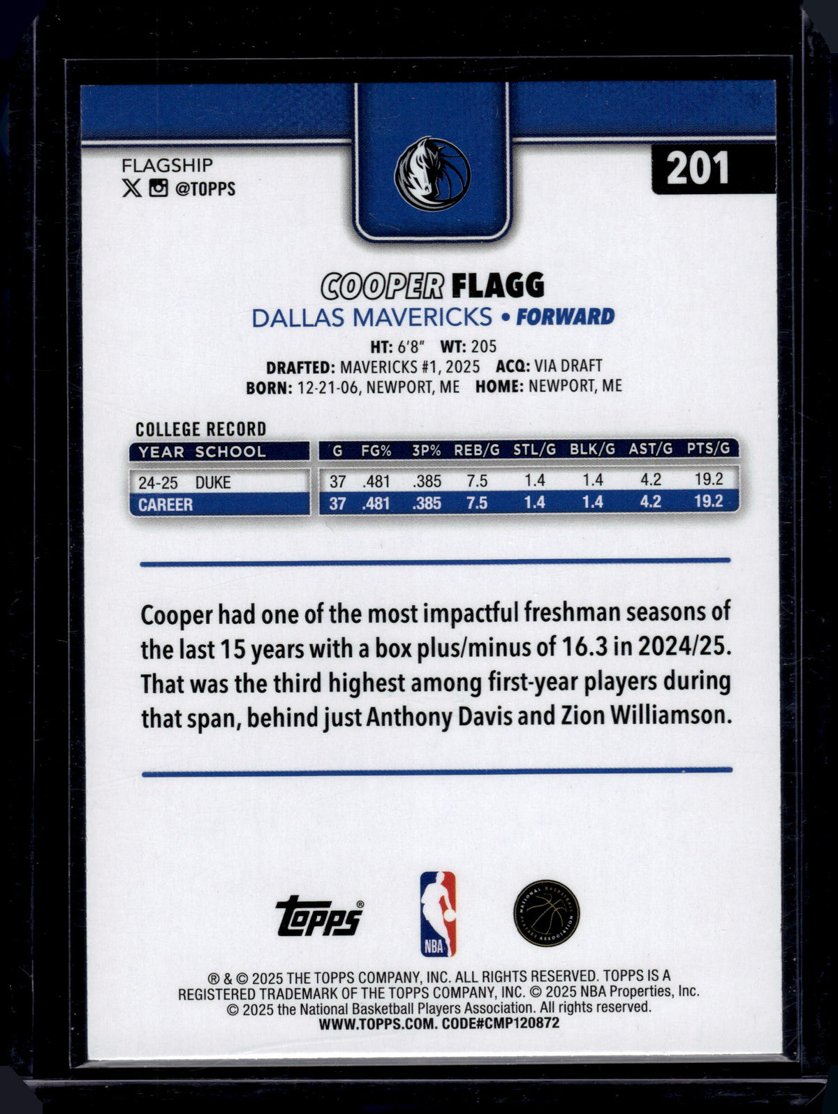 HL-P03 2025 Topps Flagship Cooper Flagg #201 Sandglitter RC