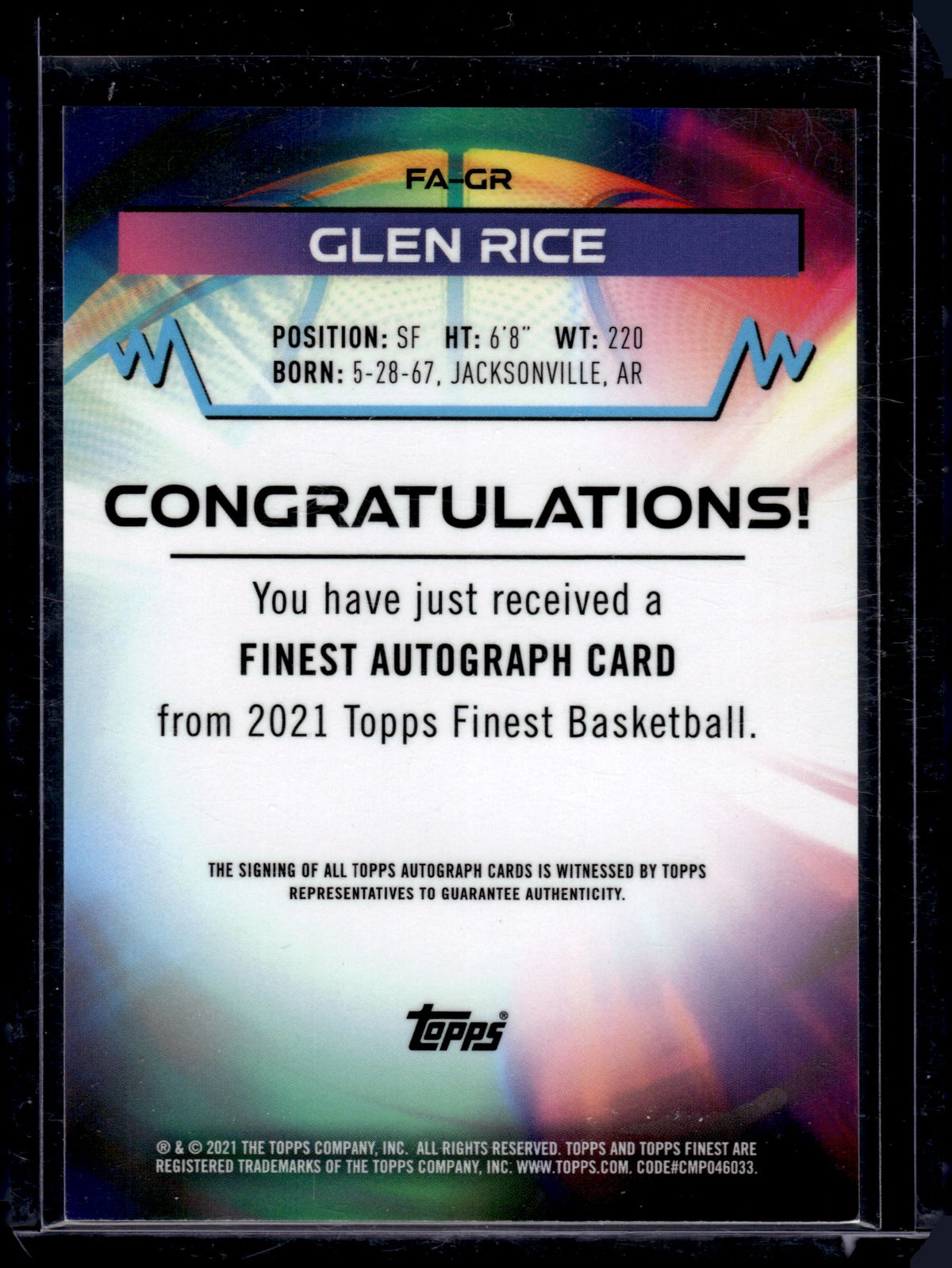 HL-P03 2021 Topps Finest Glen Rice #FA-GR Refractor Auto