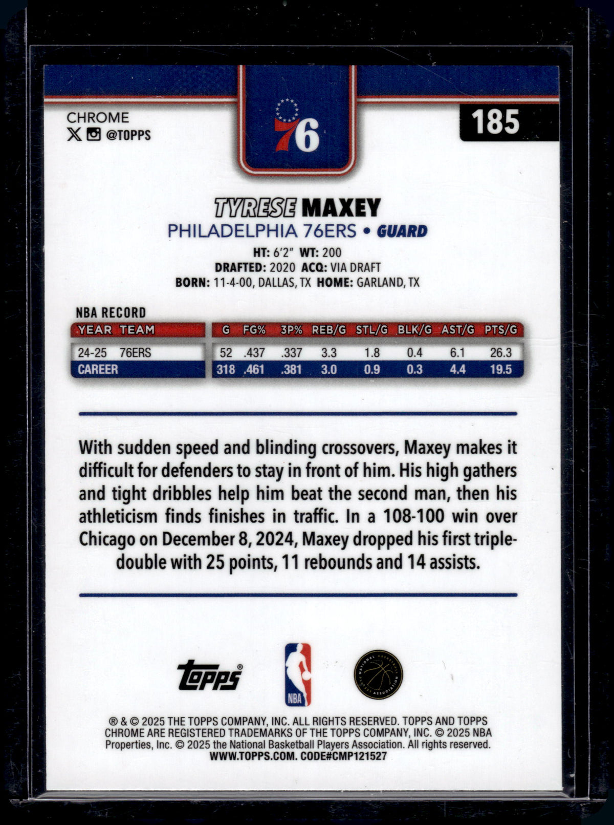 HL-P03 2025 Topps Chrome Tyrese Maxey #185 Yellow RayWave /275