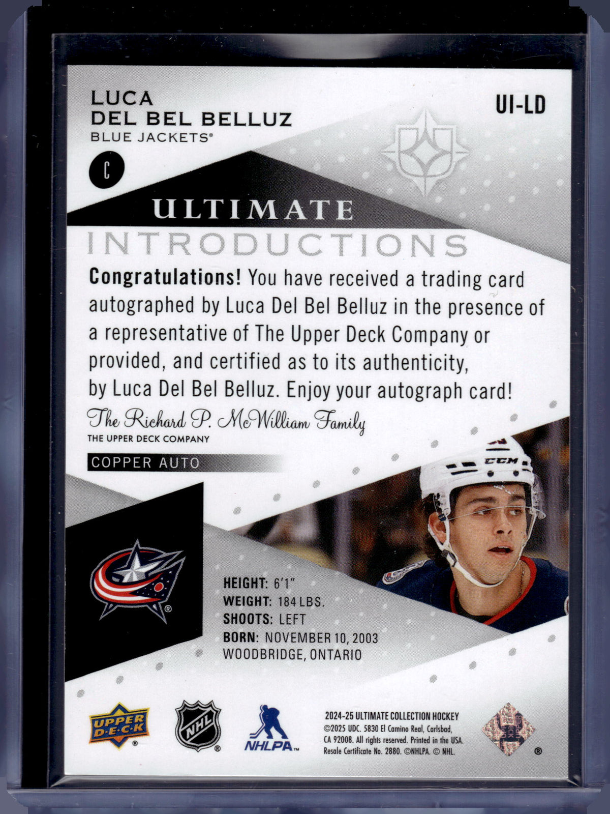 HL-P03 2024 Upper Deck Ultimate Introductions Luca Del Bel Belluz #UI-LD Auto