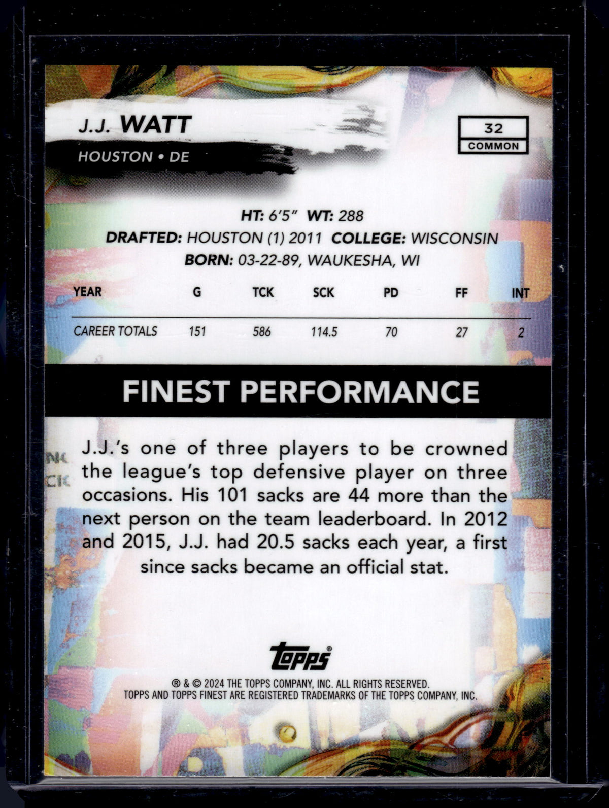 2024 Topps Finest J.J. Watt #32 Sky Blue Refractor /325