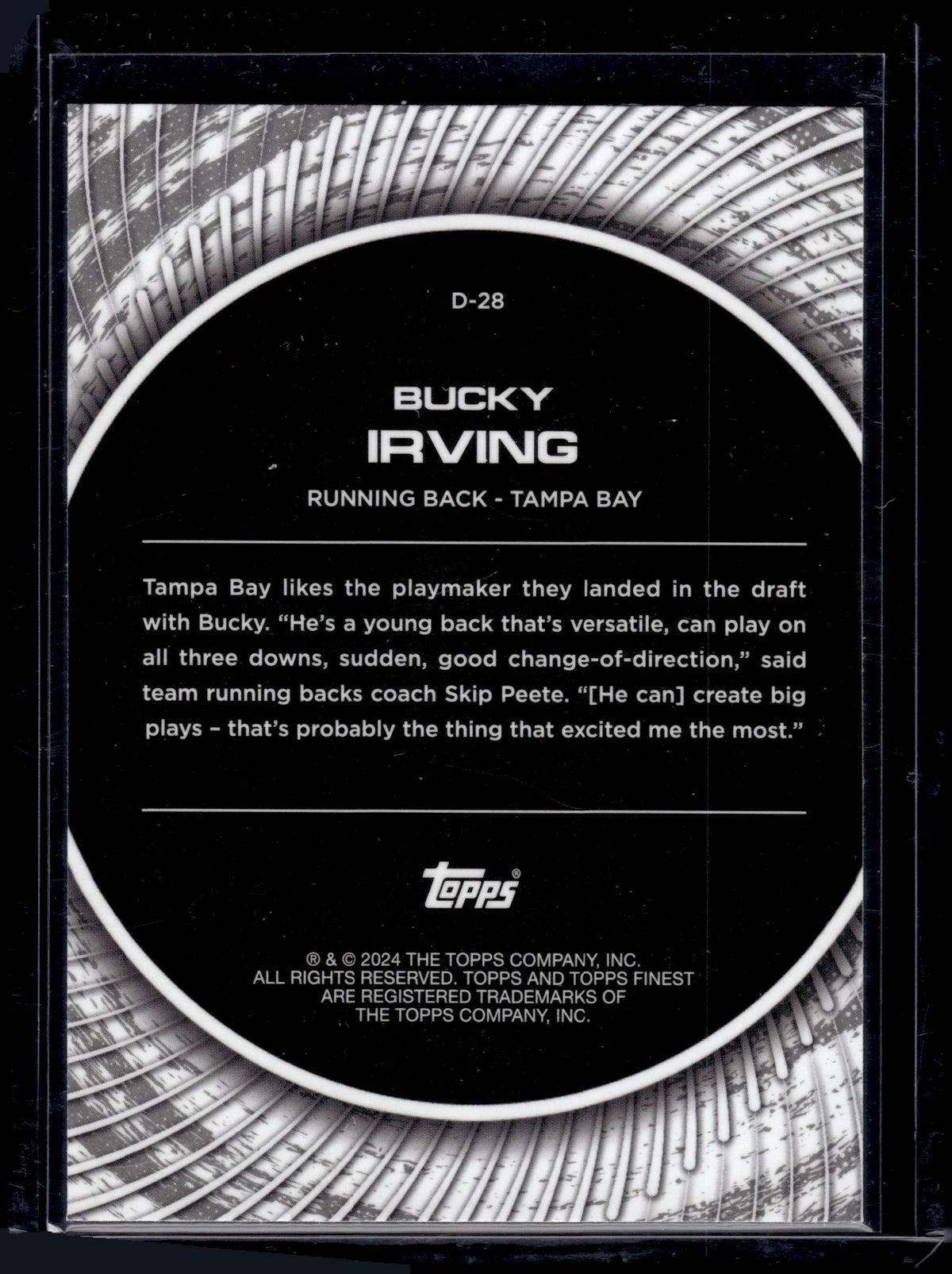 2024 Topps Finest Debuts Bucky Irving #D-28 Sky Blue Refractor /150 RC