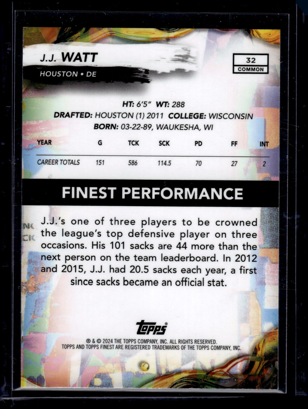2024 Topps Finest J.J. Watt #32 Blue Geometric /99