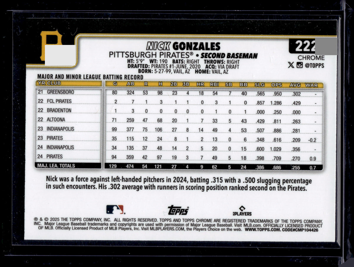 2025 Topps Chrome Nick Gonzales #222 Aqua Refractor /299