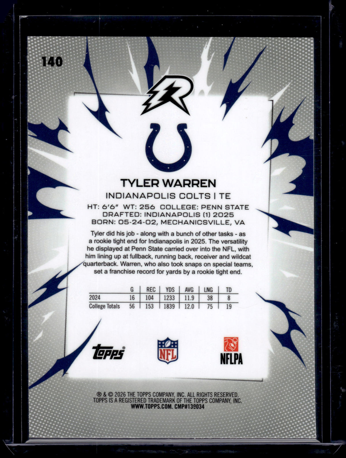 2026 Topps Resurgence Tyler Warren #140 Blue Surge /275 RC