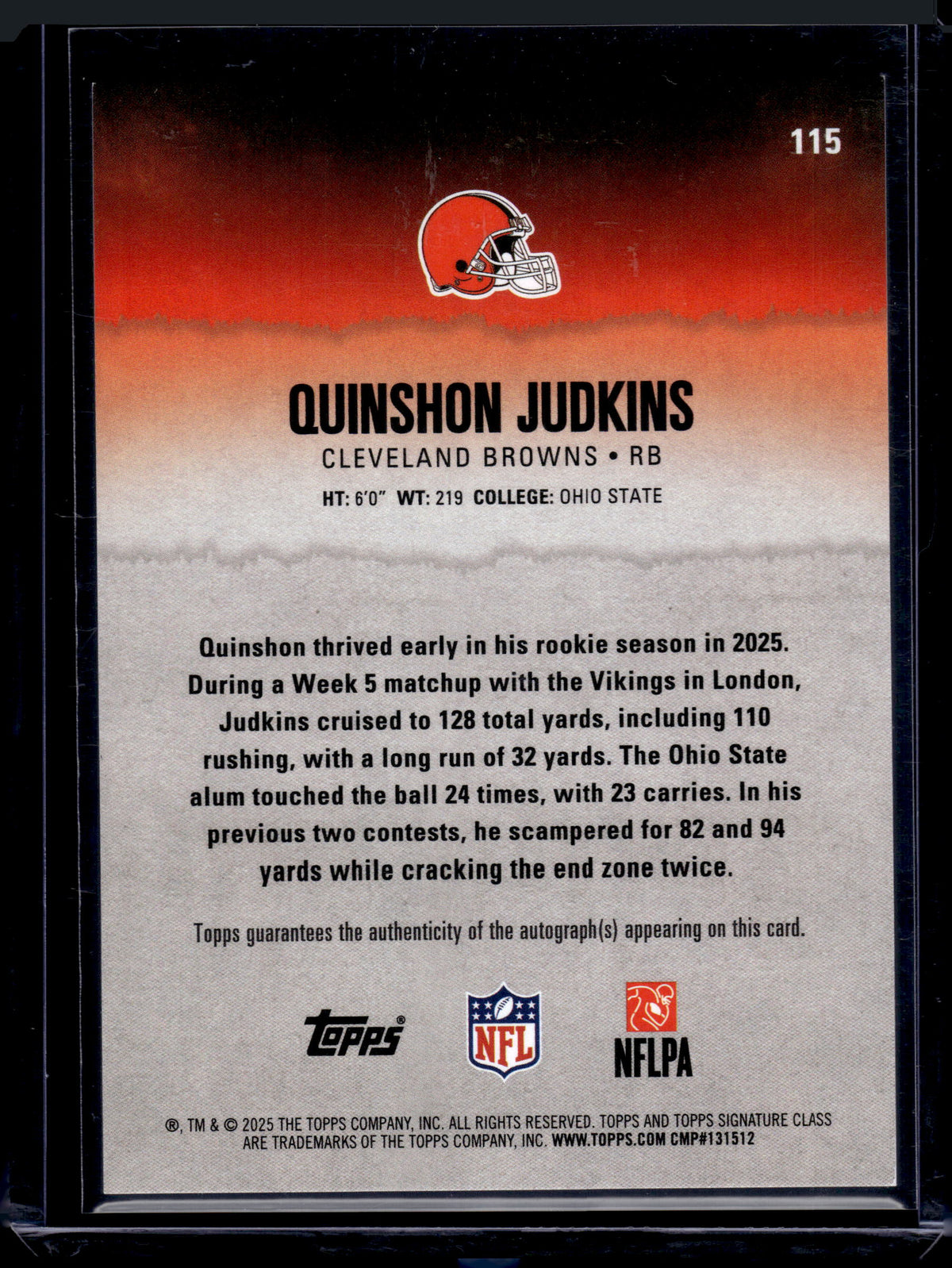 HL-INV 2025 Topps Signature Class Quinshon Judkins #115 Auto RC