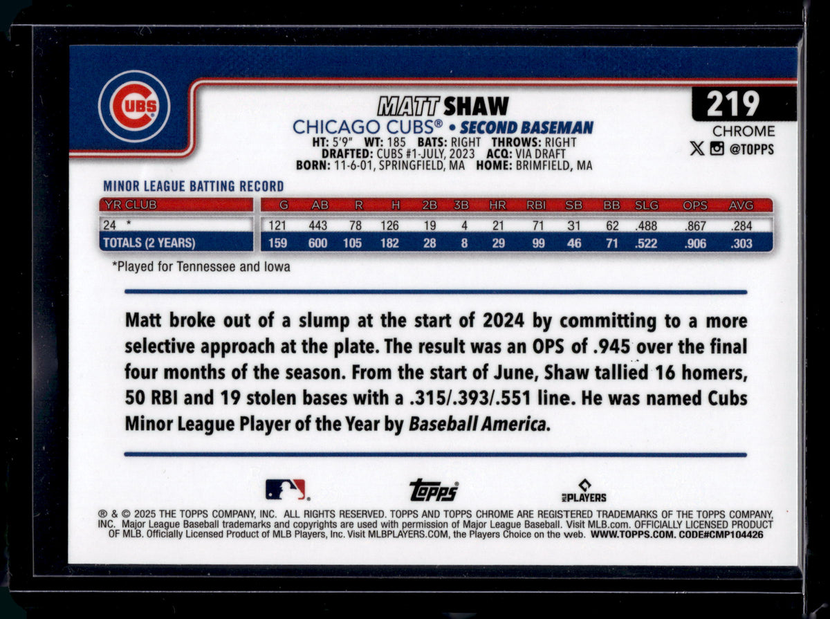 2025 Topps Chrome MLB Matt Shaw #219 Purple Logofractor /250 RC