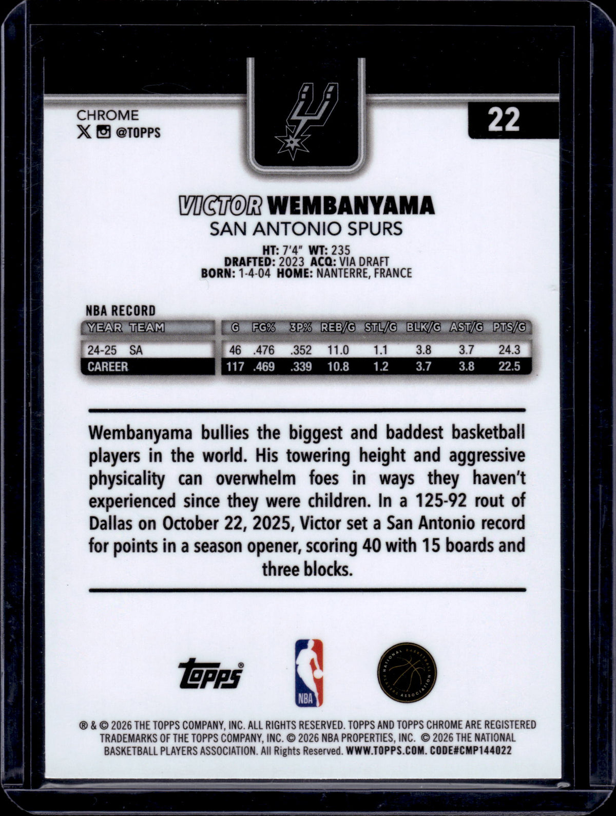 HL-INV 2026 Topps Chrome Victor Wembanyama #22 Raywave