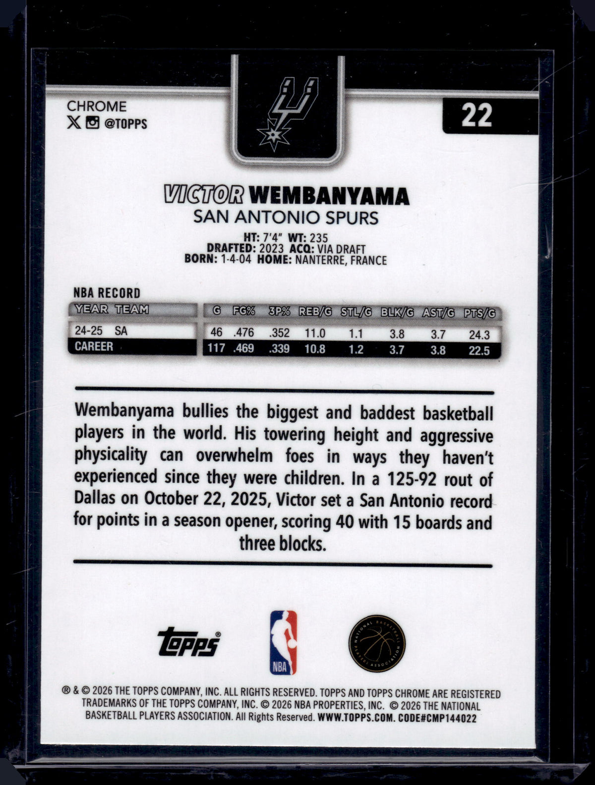 HL-INV 2026 Topps Chrome Victor Wembanyama #22 Red White Blue