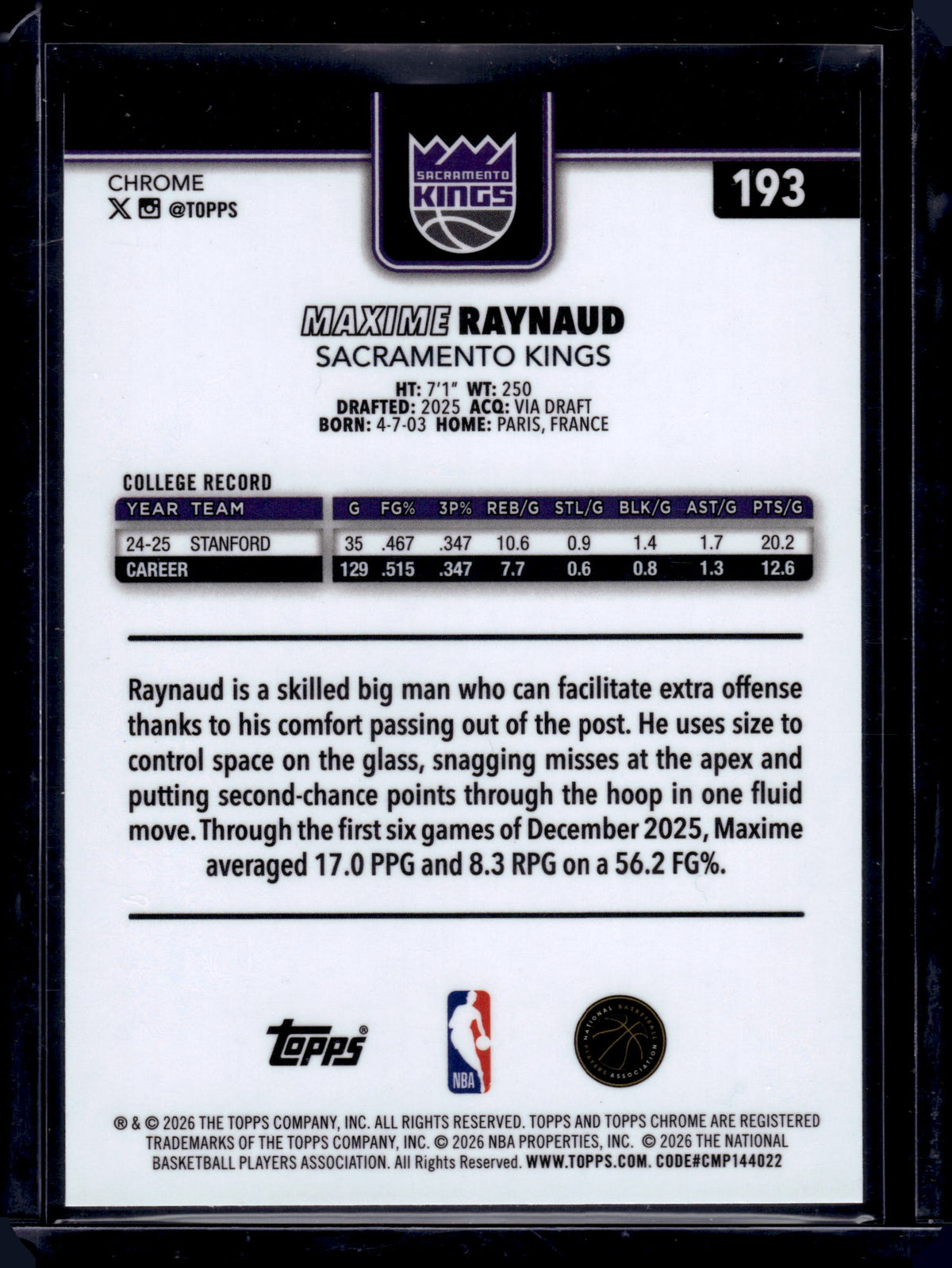 HL-INV 2026 Topps Chrome Maxime Raynaud #193 Yellow Refractor /275 RC