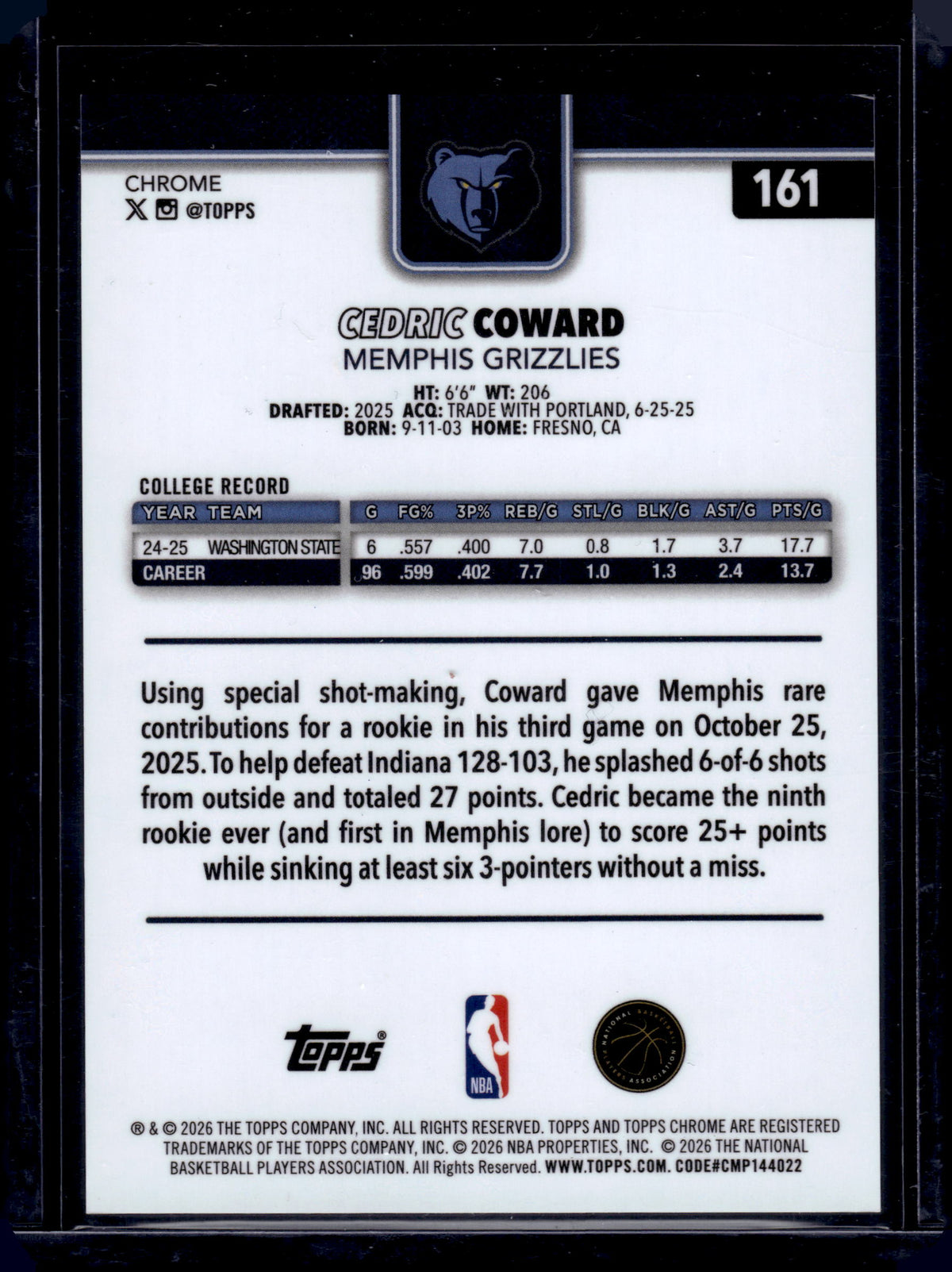 HL-INV 2026 Topps Chrome Cedric Coward #161 Purple Raywave /75 RC