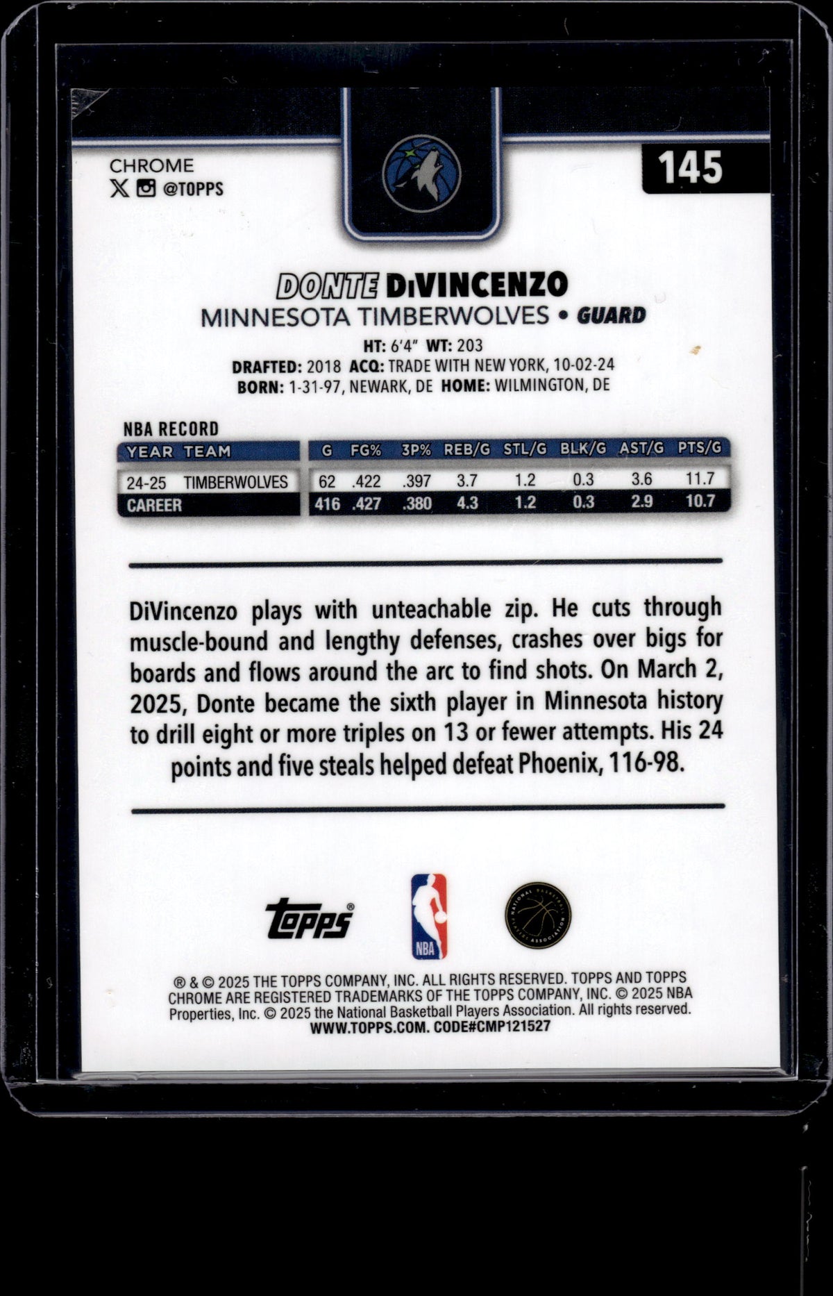HL-INV 2025 Topps Chrome Donte DiVincenzo #145 Gold Geometric /50