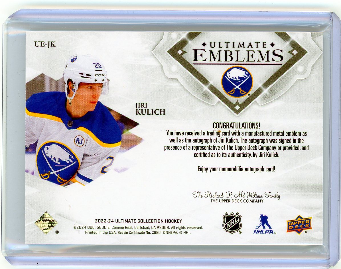 HL-P03 2024 Upper Deck Hockey Ultimate Emblems Jiri Kulich #UE-JK /99 Auto