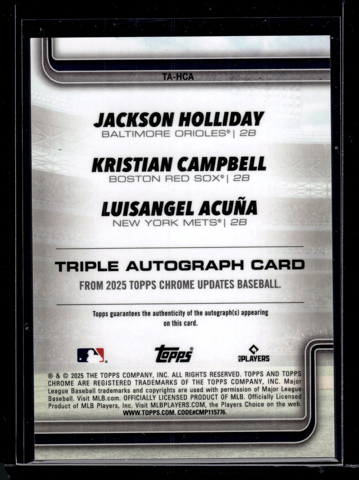HL-BC03 2025 Topps Chrome Updates Acuña Holliday Campbell #TA-HCA Triple Auto