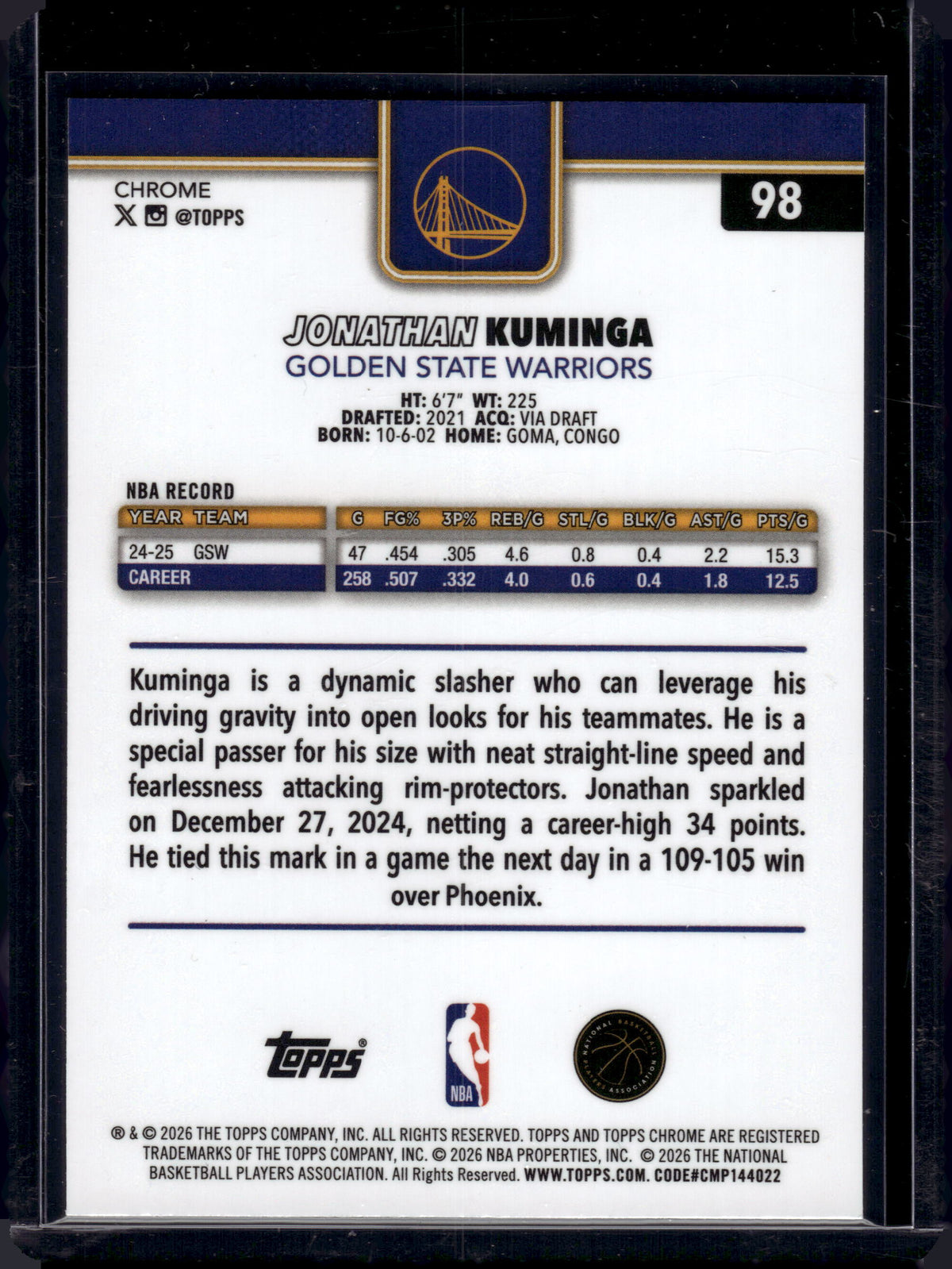 2026 Topps Chrome Jonathan Kuminga #98 Blue /150